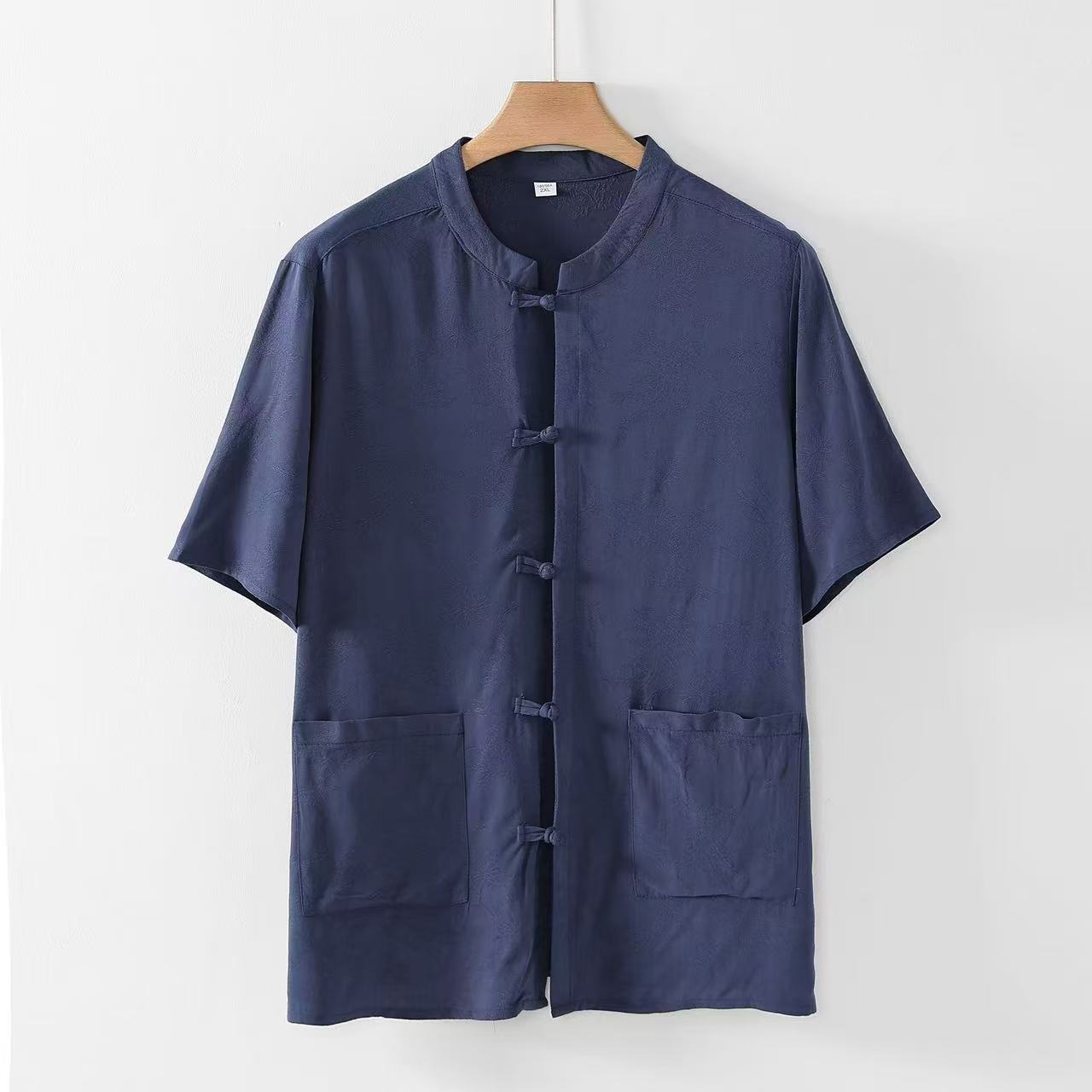 棉绸短袖开衫男士中老年薄练功服人造棉夏装绵绸上衣提花盘扣立领