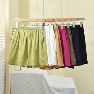 可外穿棉绸女短裤 夏季 人造棉休闲显瘦高腰网红纯色多巴胺阔腿裤