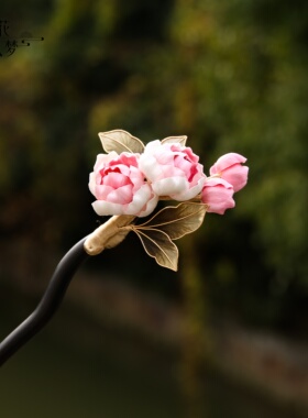 繁花入梦纯手工非遗绒花发簪粉色海棠花掐丝檀木簪子国风汉服发饰