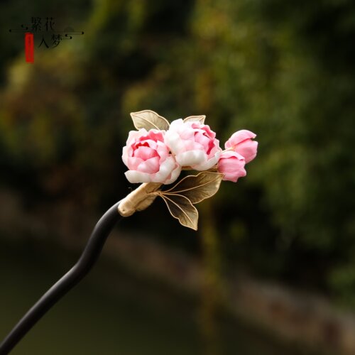 手工非遗绒花发簪粉色海棠花簪子