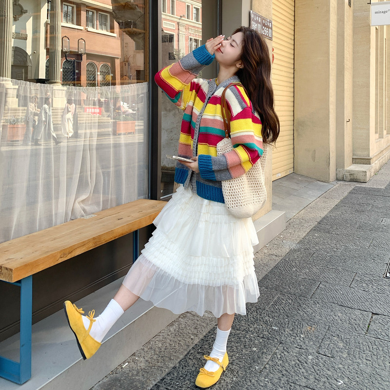 新品现货！春日多巴胺条纹针织上衣+半裙两件套8620-P175控288，女装套装/套裙，依依服饰