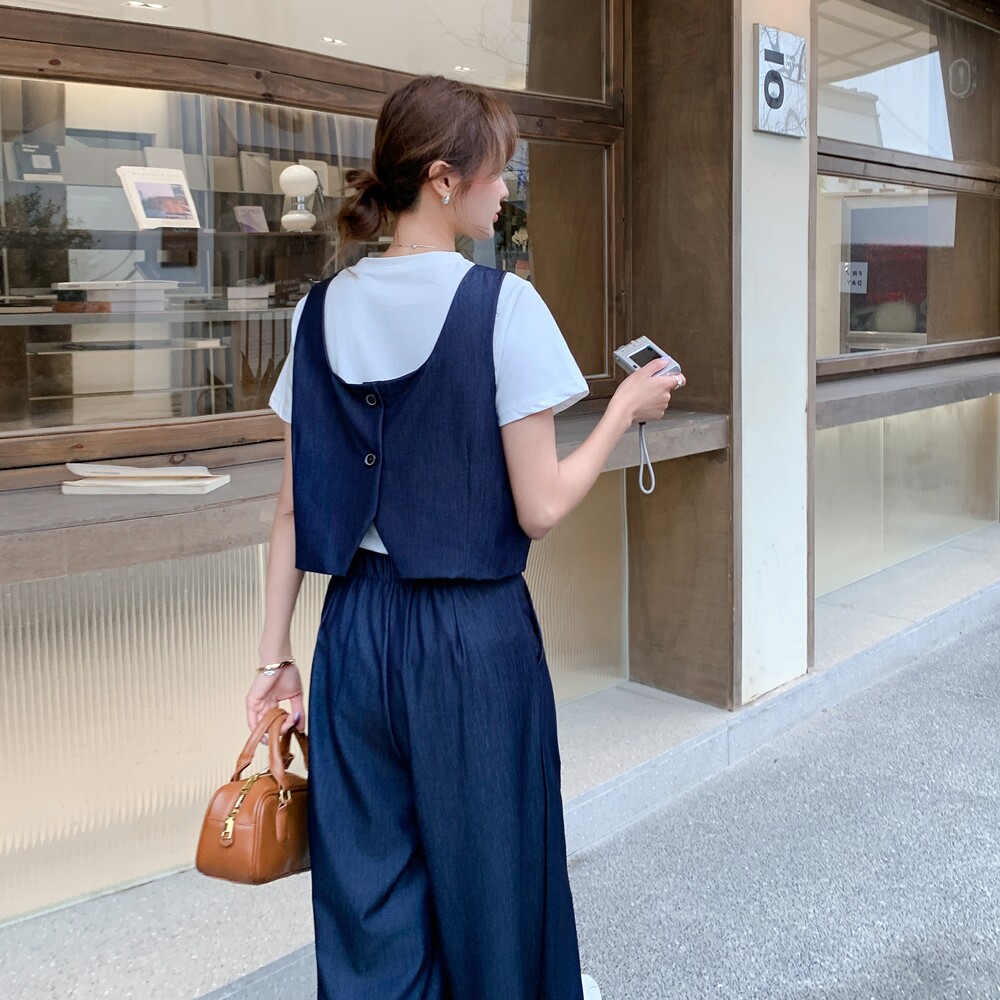 时尚洋气薄款牛仔马甲背心套装女夏季新款休闲显瘦t恤长裤三件套,女装套装/套裙,依依服饰