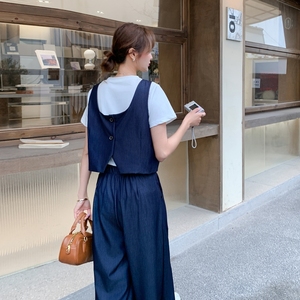 时尚洋气薄款牛仔马甲背心套装女夏季新款休闲显瘦t恤长裤三件套