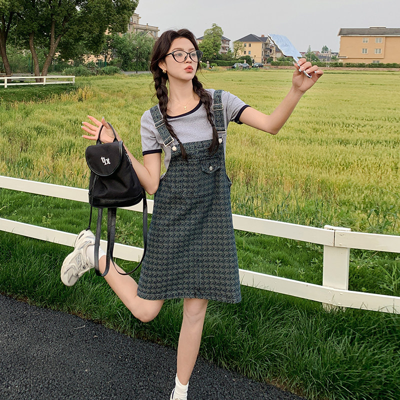 现货！复古几何花纹百搭牛仔背带裙6055-P110控168，女装连衣裙，依依服饰