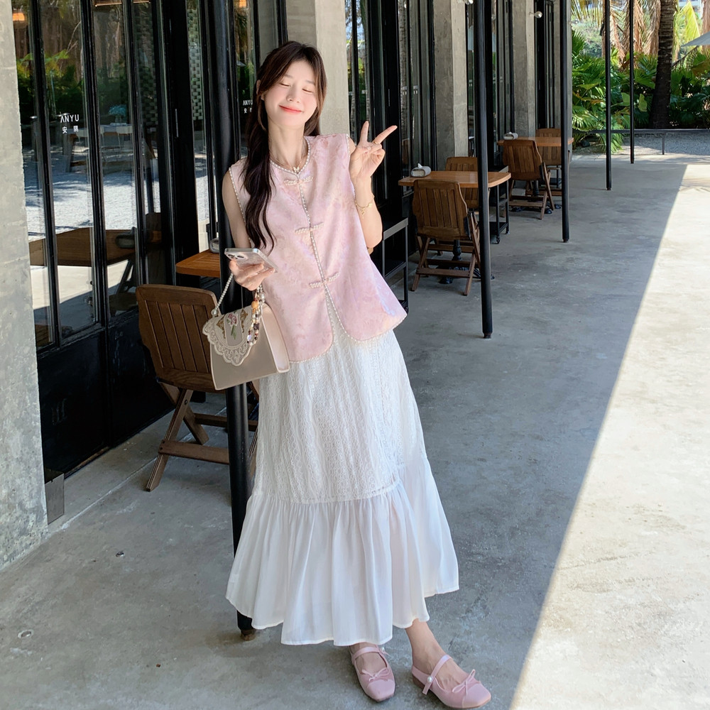 新品！风刺绣马甲背心蕾丝连衣裙俩件套8060-P195控278，女装套装/套裙，依依服饰