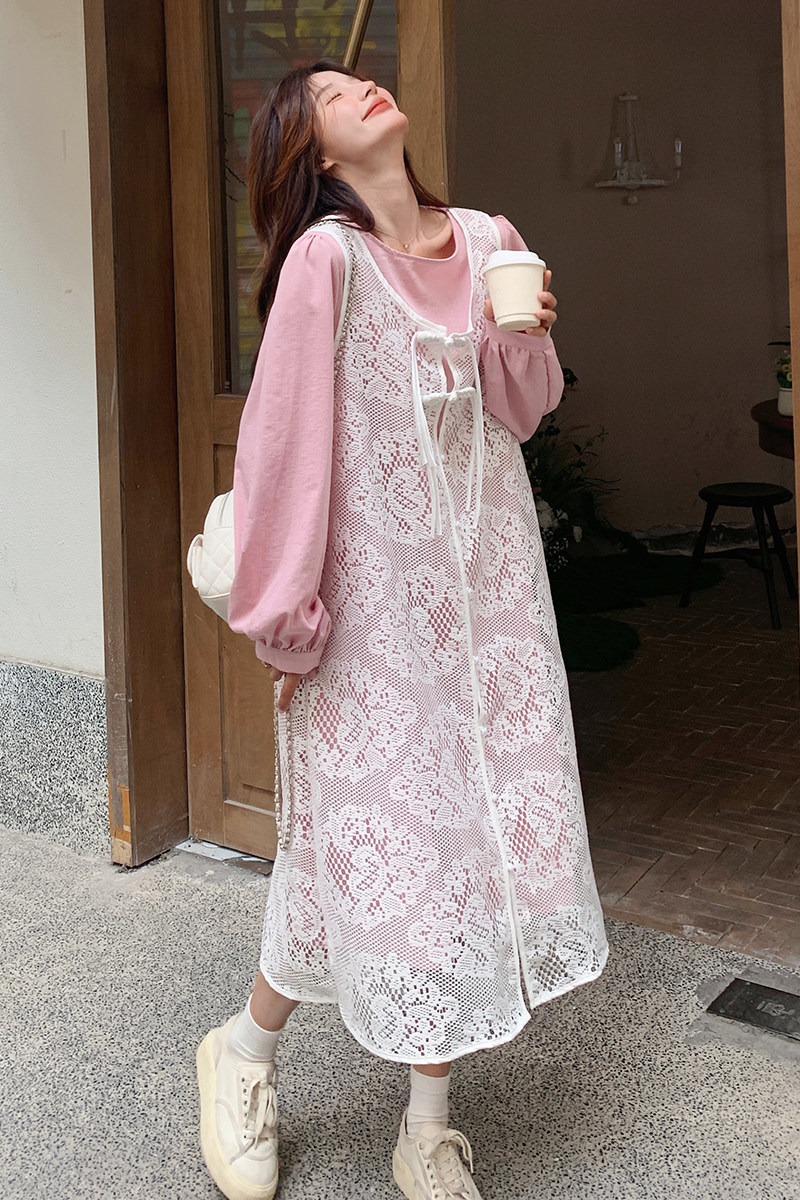粉色镂空罩衫连衣裙套装女2025秋季新款法式甜美温柔风长裙两件套,女装连衣裙,依依服饰