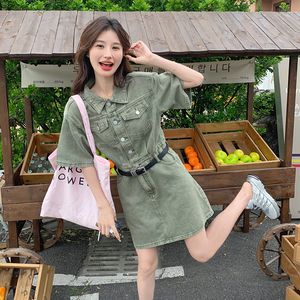 绿色复古牛仔连衣裙女2025新款夏季小个子休闲时尚气质工装短裙子图片