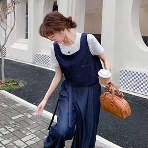 时尚洋气薄款牛仔马甲背心套装女夏季新款休闲显瘦t恤长裤三件套