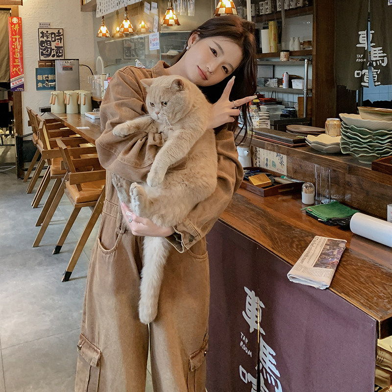新品(现货）美拉德系复古宽松显瘦牛仔工装连体裤6006-P145控198,女装连体裤,依依服饰