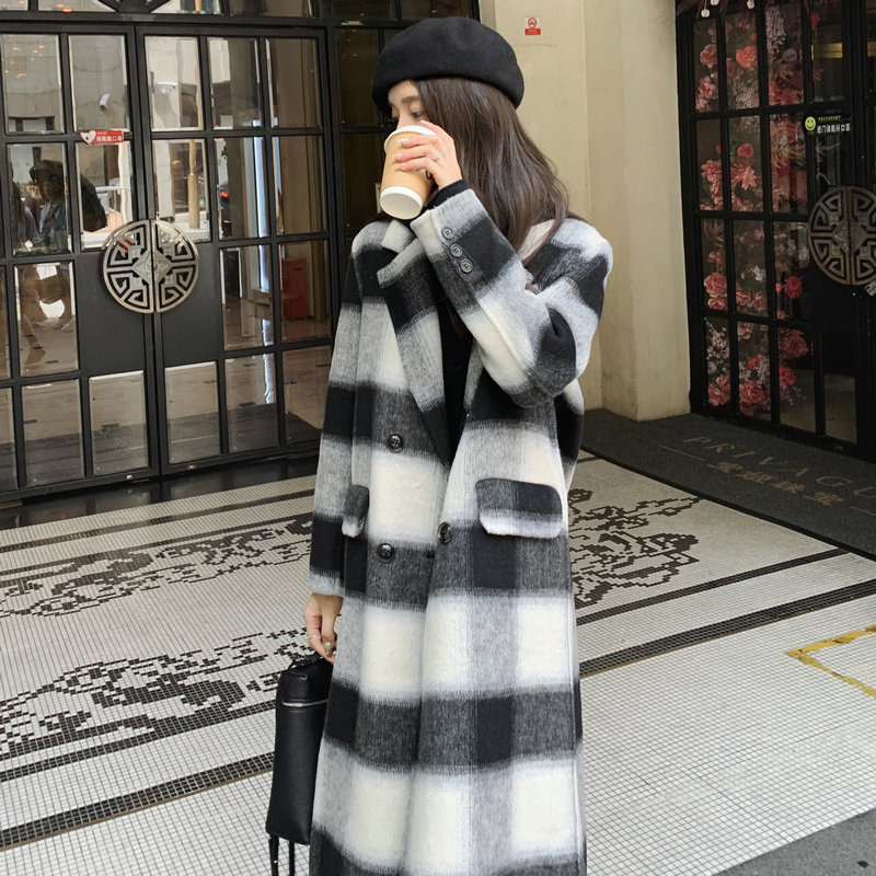 韩系chic黑白条纹双面羊绒外套女秋冬超火好看高级小众毛呢厚外套,女装毛呢外套,依依服饰