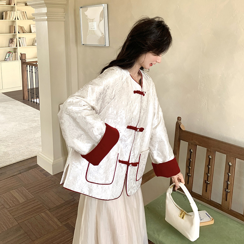 高级感新中式白色外套丝绒拼接翻袖廓形宽松上衣国风女装2025新款图片