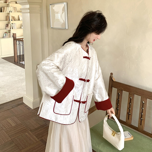 高级感新中式白色外套丝绒拼接翻袖廓形宽松上衣国风女装2025新款图片