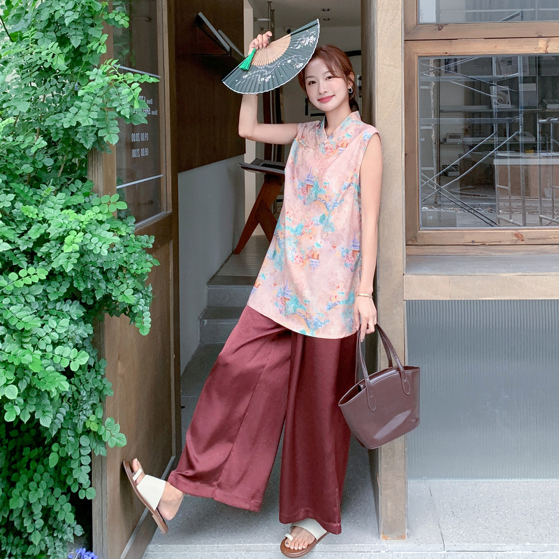 现货！新中式风彩色印花上衣+阔腿裤两件套8077P155控228，女装套装/套裙，依依服饰