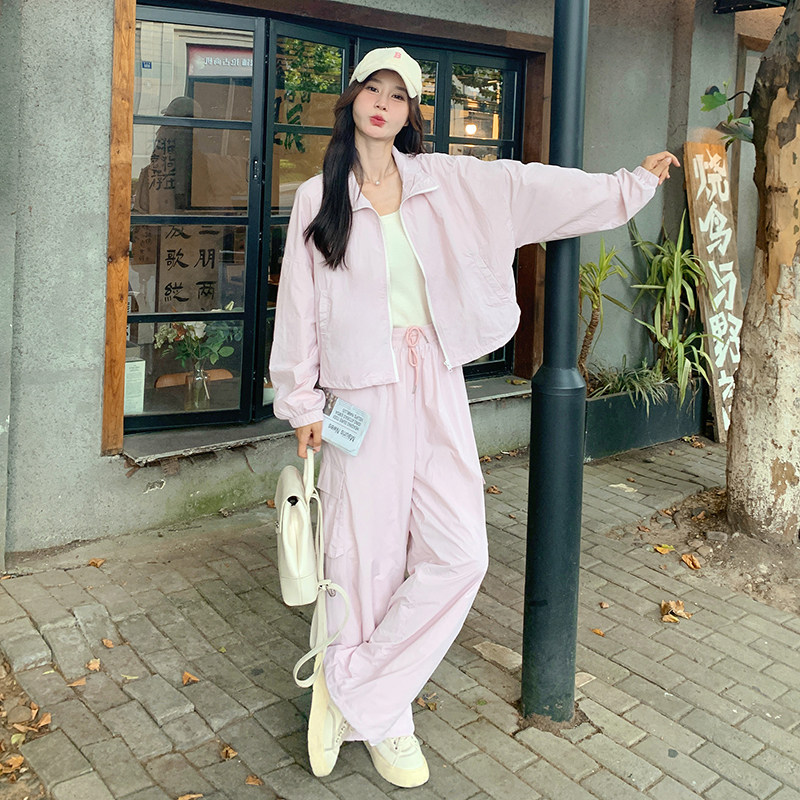 大货现货！盐甜系休闲显瘦工装粉色两件套套装6067-P155控228,女装运动套装,依依服饰
