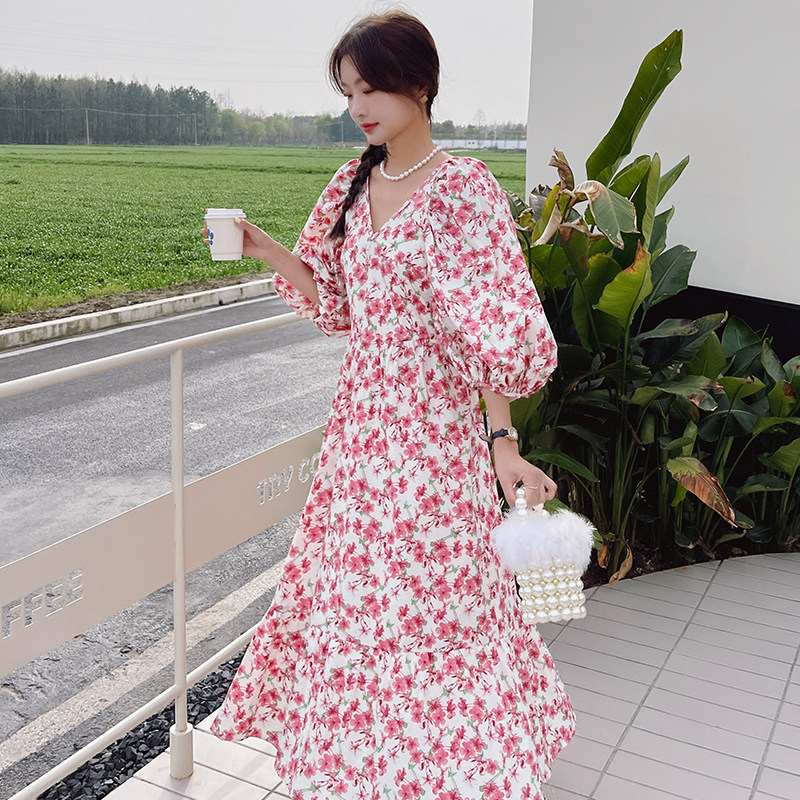 主推！韩系少女可盐可甜碎花泡泡袖连衣裙2338-P115控168,女装连衣裙,依依服饰