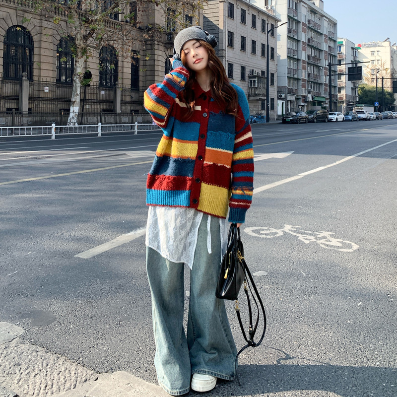 新品现货！古早氛围多巴胺条纹针织外套8602-P130控218(上衣），女装针织衫/毛衣，依依服饰