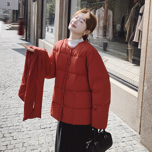 韩版气质红色圆领加厚羽绒服女2025年冬季新款显瘦保暖白鸭绒外套
