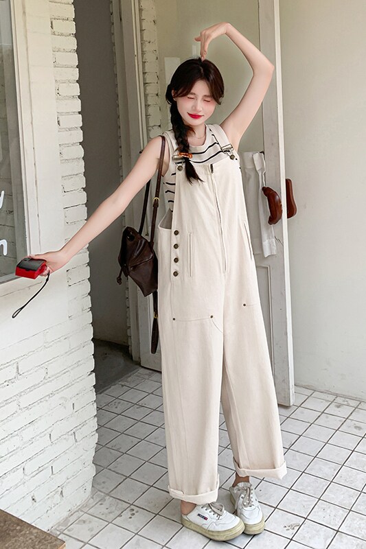 韩版时尚设计感工装背带裤女2025夏季新款法式宽松显瘦盐系阔腿裤,女装连体裤,依依服饰