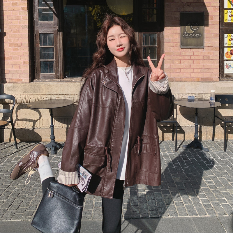 新品现货！韩版拼接酷飒工装风皮衣外套B001-8612-P180控288，女装皮衣，依依服饰
