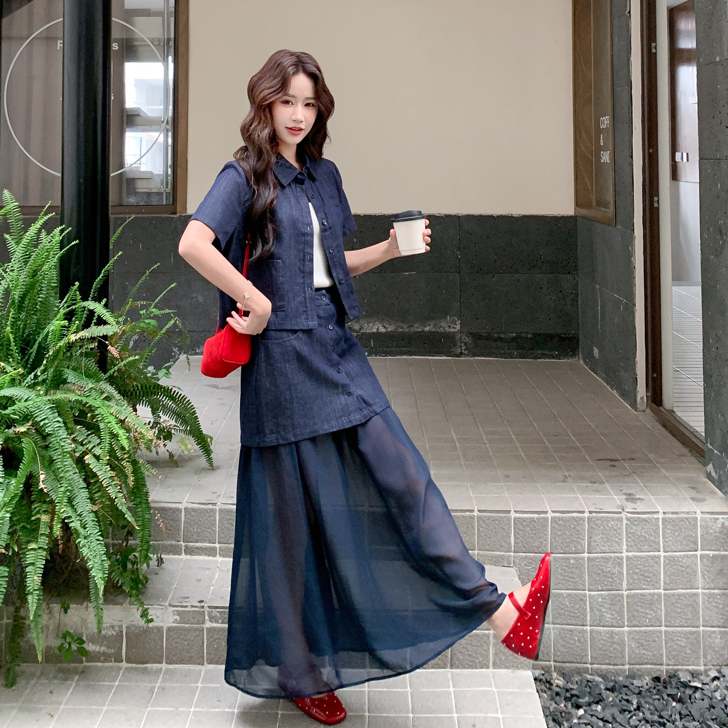 新品！法式风牛仔后背小心机纱裙三件套2C521-8728-P180控288,女装套装/套裙,依依服饰