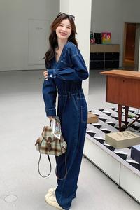 休闲减龄感V领牛仔连体裤女春秋2025超火好看高级感小众阔腿长裤图片