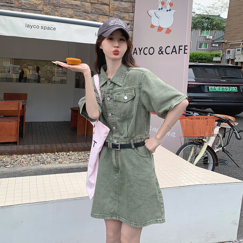 绿色复古牛仔连衣裙女2025新款夏季小个子休闲时尚气质工装短裙子,女装连衣裙,依依服饰