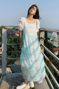 新款现货！超仙森系泡泡袖晕染色网纱裙2258-P115控168有图片