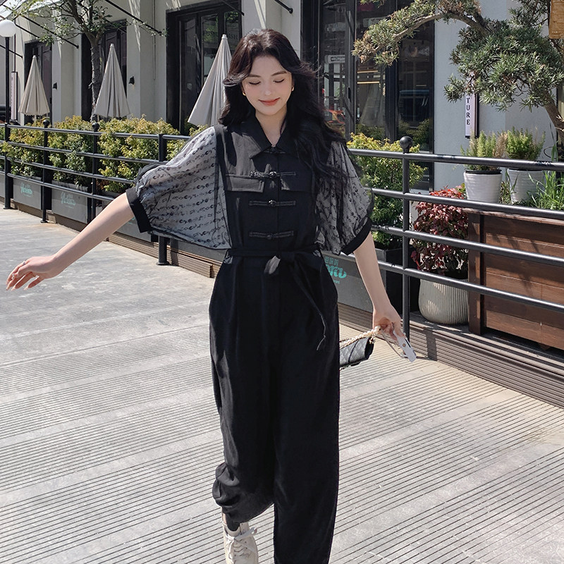 现货！新中式复古盘扣网纱拼接连体裤6025-P125控178,女装连体裤,依依服饰