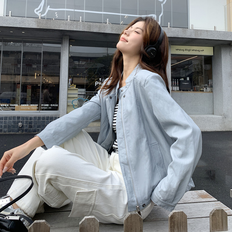 【现货】甜酷港风立领奶蓝色极简皮衣B001-8613-P160控258，女装皮衣，依依服饰