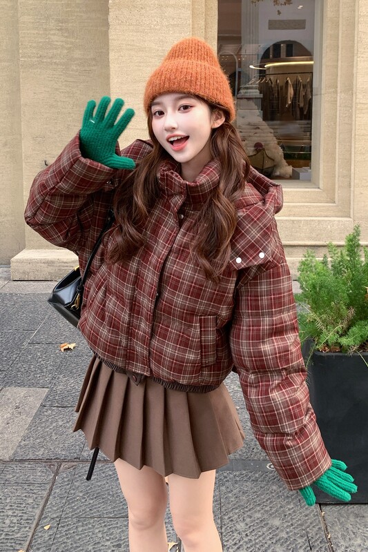 【现货】英伦风格子撞色连帽羽绒服M226-P305控438,女装羽绒服,依依服饰