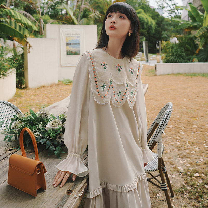 【大货】原创甜妹刺绣大花边翻领长款连衣裙2265P115控168，女装连衣裙，依依服饰