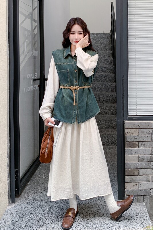 【现货】法式复古牛仔马甲连衣裙两件套B001-8301-P190控278,女装套装/套裙,依依服饰