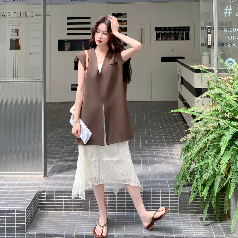 【现货】老钱风咖色西装马甲+蕾丝半裙2C521-8702-P165-268，女装套装/套裙，依依服饰