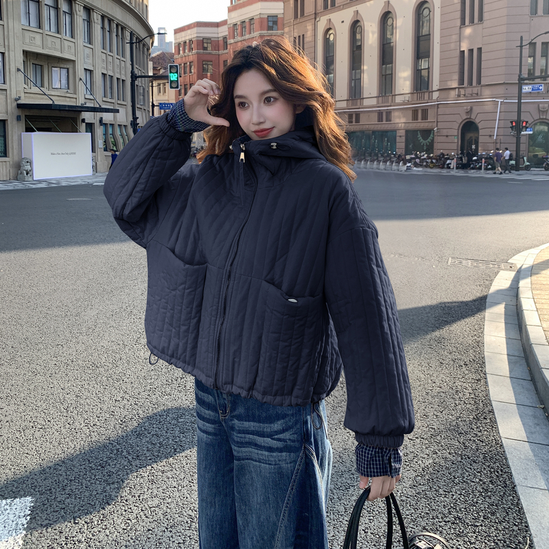 【现货】格子拼接连帽棉服B001-M185-P165控248，女装棉衣/棉服，依依服饰