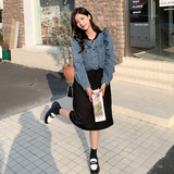 图港风复古牛仔假两件拼接气质连衣裙2315，女装连衣裙，依依服饰
