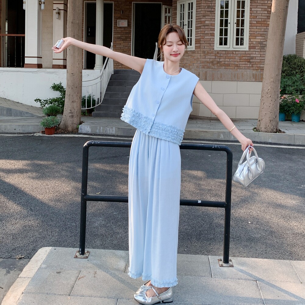 现货！盐系木耳边马甲阔腿裤两件套8032-P155控228有买家秀，女装套装/套裙，依依服饰