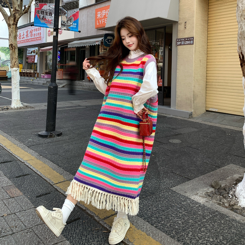 【现货】多巴胺条纹流苏针织连衣裙8600-P120控198（单件）,女装连衣裙,依依服饰