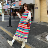 新品现货！多巴胺条纹流苏针织连衣裙8600-P120控198（单件），女装连衣裙，依依服饰