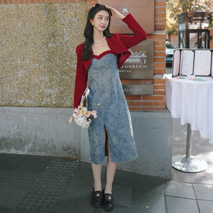 法式短款开衫叠穿吊带连衣裙女春秋2025超火好看独特漂亮两件套装图片