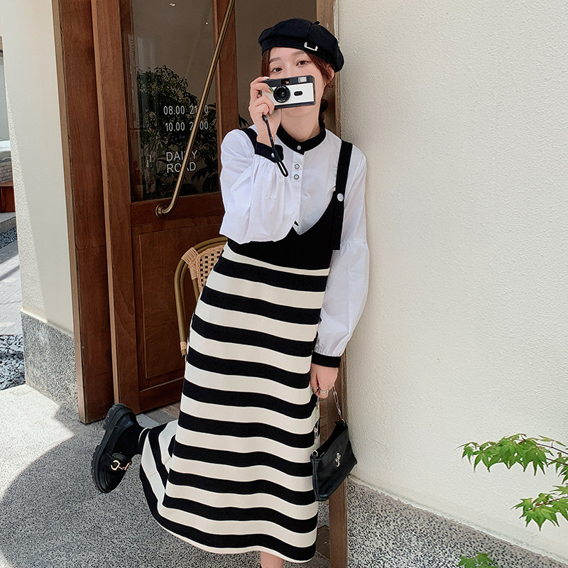 盐系条纹背带裙套装女2025春秋季新款法式显瘦设计感连衣裙两件套,女装套装/套裙,依依服饰