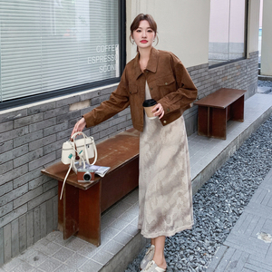 【现货】咖色麂皮绒外套+吊带裙两件套B001-8309-P185控268，女装套装/套裙，依依服饰