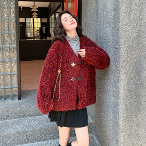 新品现货！圣诞新年喜庆红色羊羔毛皮毛一体B001-8518P190控278，女装皮草，依依服饰