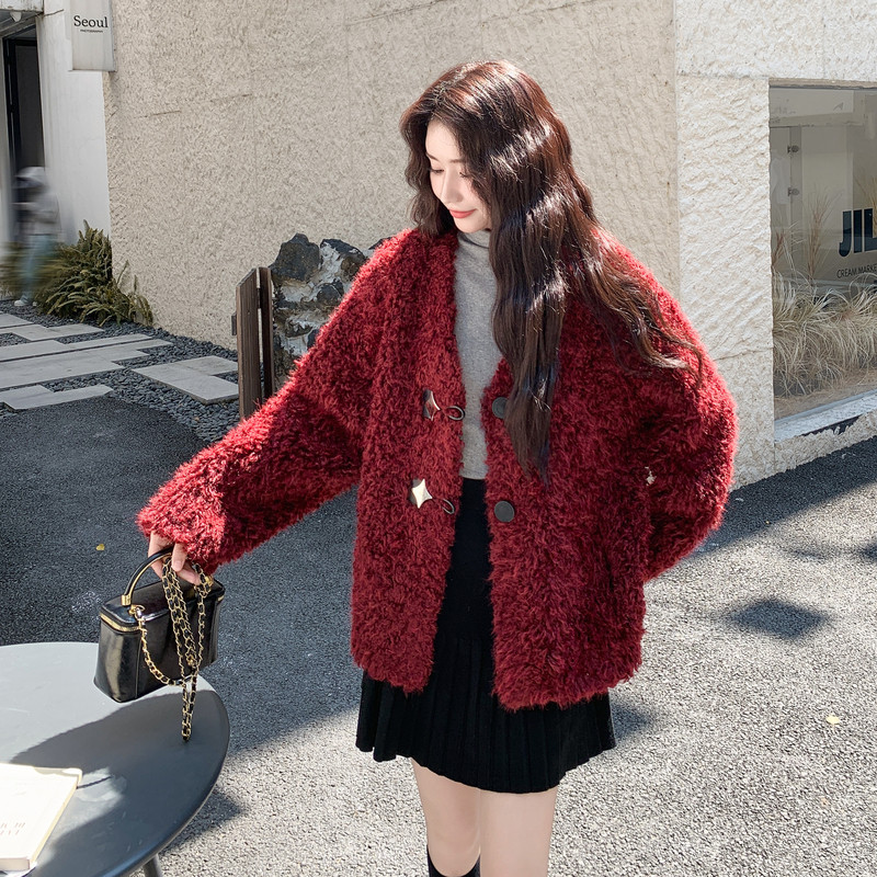 新品现货！圣诞新年喜庆红色羊羔毛皮毛一体B001-8518P190控278，女装皮草，依依服饰