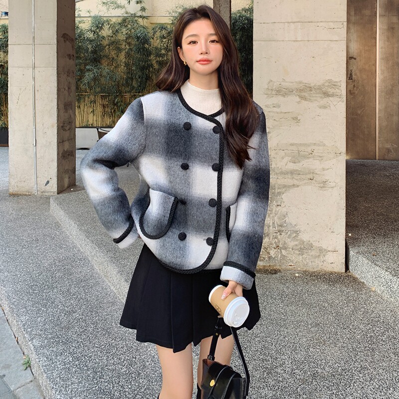 韩系黑白格双面羊绒外套女秋冬超火好看高级小众小个子毛呢厚外套,女装毛呢外套,依依服饰