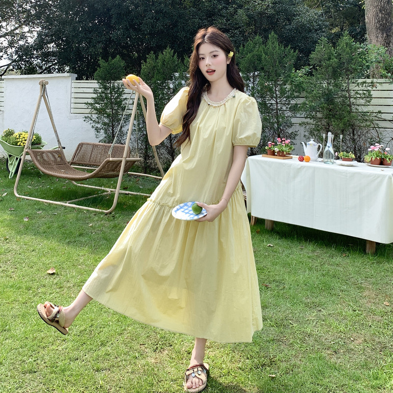 现货！奶黄色不规则花边连衣裙2C521-8706-P135控218，女装连衣裙，依依服饰