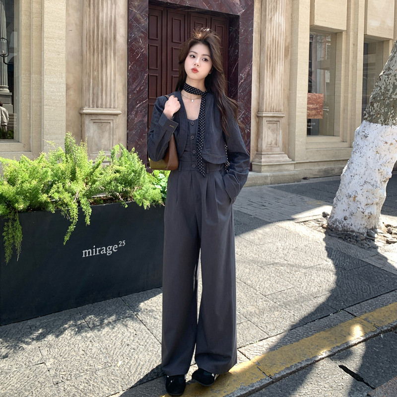 新品现货！韩系高级感极简两件套连体裤8619-P175控288配丝带，女装套装/套裙，依依服饰