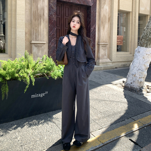 新品现货！韩系高级感极简两件套连体裤 8619-P175控288配丝带，女装套装/套裙，依依服饰