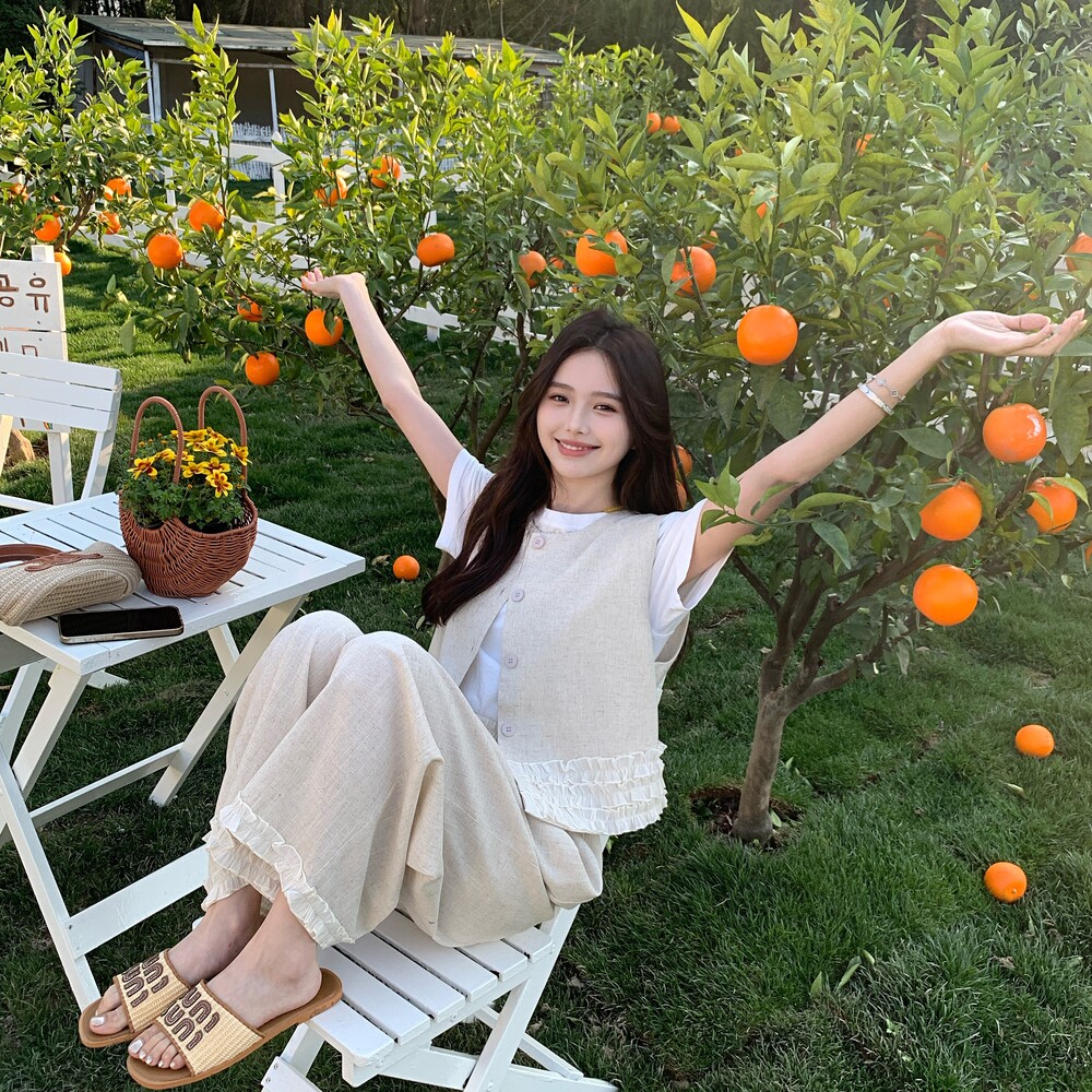 现货！盐系木耳边马甲阔腿裤两件套8032-P155控228有买家秀，女装套装/套裙，依依服饰