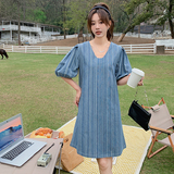 新品现货！减龄V领泡泡袖a字显瘦牛仔连衣裙2332-P105控158，女装连衣裙，依依服饰