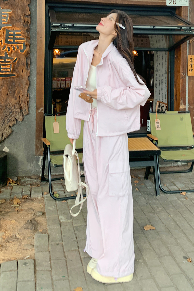 粉色甜美休闲运动套装女2025秋季新款韩版学院风工装阔腿裤两件套,女装运动套装,依依服饰